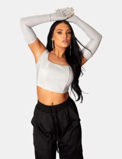 GLITTER CORSET TOP WITH MATCHING GLOVES SILVER -LoafLuxe Shop 771A0618