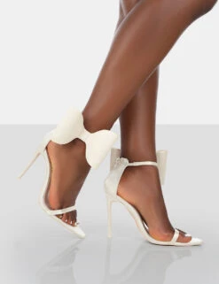Zeal Off White Satin Strappy Bow Ankle Detail Stiletto Heels -LoafLuxe Shop 771A0650