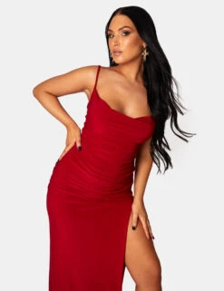 Cowl Neck Extreme Split Slinky Maxi Dress Red -LoafLuxe Shop 771A0651