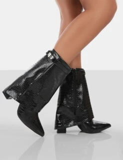 Fyre Black Croc Pointed Toe Block Heeled Ankle Boots -LoafLuxe Shop 771A0738