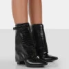 Fyre Black Croc Pointed Toe Block Heeled Ankle Boots -LoafLuxe Shop 771A0739