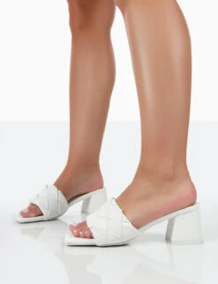 Play Nice White PU Woven Square Toe Block Mid Heeled Sandals -LoafLuxe Shop 771A0798