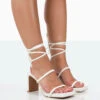 Misha White Square Toe Strappy Lace Up Thin Block Heels -LoafLuxe Shop 771A0820