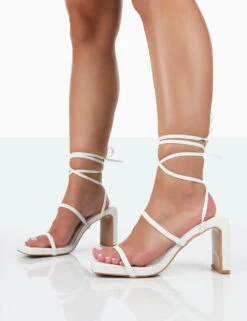 Misha White Square Toe Strappy Lace Up Thin Block Heels -LoafLuxe Shop 771A0823