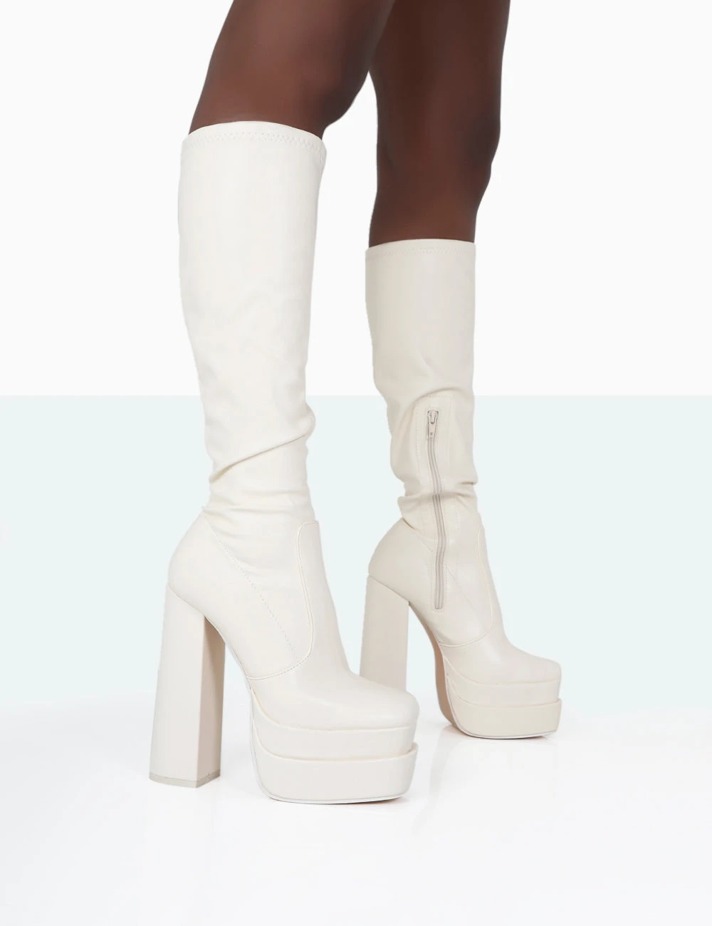 Passive Ecru PU Square Toe Platform Block Heel Over The Knee Boots 3 Passive Ecru PU Square Toe Platform Block Heel Over The Knee Boots