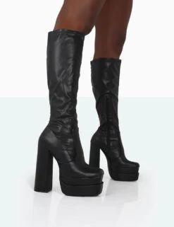 Passive Wide Fit Black Pu Square Toe Platform Block High Heel Over The Knee Boots -LoafLuxe Shop 771A0976