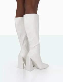 Senna Wide Fit Ecru PU Knee High Heeled Boots -LoafLuxe Shop 771A0987