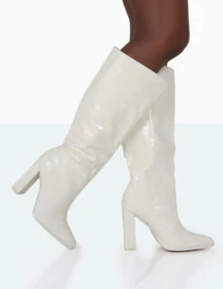 Posie Wide Fit Ecru Croc Knee High Block Heel Boots -LoafLuxe Shop 771A0990 45bd2433 f308 4966 ac40 47dd436e3325