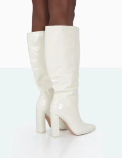 Posie Wide Fit Ecru Croc Knee High Block Heel Boots -LoafLuxe Shop 771A0991 530c2406 a465 4e36 924b 51c3e6863fe7