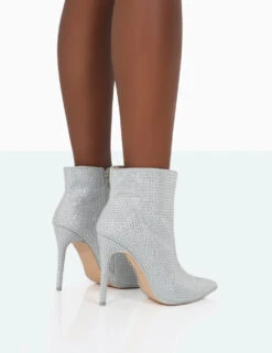 Verona Wide Fit Silver Sparkly Diamante Stiletto Ankle Boots -LoafLuxe Shop 771A0995