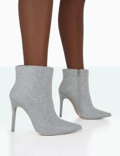 Verona Wide Fit Silver Sparkly Diamante Stiletto Ankle Boots -LoafLuxe Shop 771A0996
