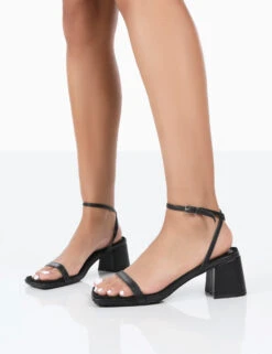 Lane Wide Fit Black Pu Strappy Mid Block Heeled Sandals -LoafLuxe Shop 771A1093