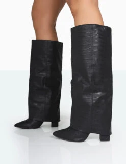 Zendaya Wide Fit Matt Black Croc Pointed Toe Knee High Boots 8 Zendaya Wide Fit Matt Black Croc Pointed Toe Knee High Boots -LoafLuxe Shop 771A1123