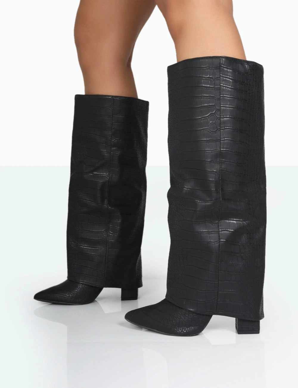 Zendaya Wide Fit Matt Black Croc Pointed Toe Knee High Boots 5 Zendaya Wide Fit Matt Black Croc Pointed Toe Knee High Boots - Image 3
