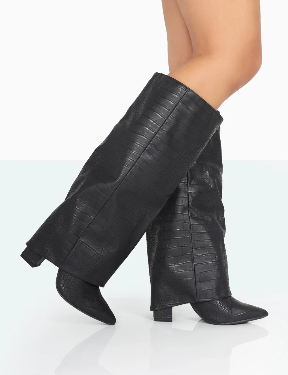 Zendaya Wide Fit Matt Black Croc Pointed Toe Knee High Boots 4 Zendaya Wide Fit Matt Black Croc Pointed Toe Knee High Boots - Image 2