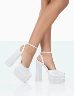 Moonchild White Diamanté Satin Closed Toe Statement Platform Block Heels -LoafLuxe Shop 771A1125