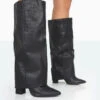 Zendaya Wide Fit Matt Black Croc Pointed Toe Knee High Boots -LoafLuxe Shop 771A1126