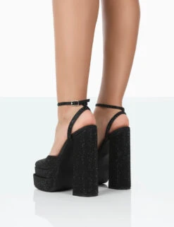 Moonchild Black Sparkly Diamanté Satin Closed Toe Platform Block Heels -LoafLuxe Shop 771A1142