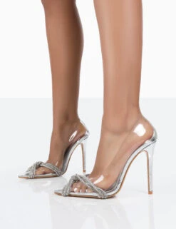 Loxi Silver Metallic Diamante Clear Perspex Pointed Stiletto Heels -LoafLuxe Shop 771A1164