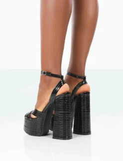 Zurra Black Metallic Pu Open Toe Platform Block Heels -LoafLuxe Shop 771A1366