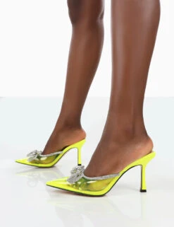 Quasar Neon Yellow Diamante Bow Mid Heels Mules -LoafLuxe Shop 771A1406