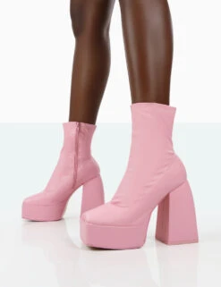 Own Thing Wide Fit Pink PU Chunky Square Toe Platform Heel Block Ankle Boots -LoafLuxe Shop 771A1416
