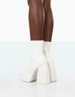 Own Thing Wide Fit White Patent Chunky Square Toe Platform Heel Block Ankle Boots -LoafLuxe Shop 771A1419