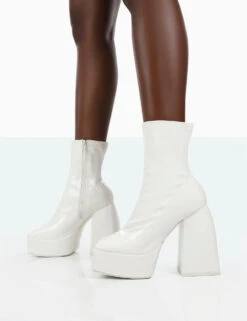 Own Thing Wide Fit White Patent Chunky Square Toe Platform Heel Block Ankle Boots -LoafLuxe Shop 771A1420