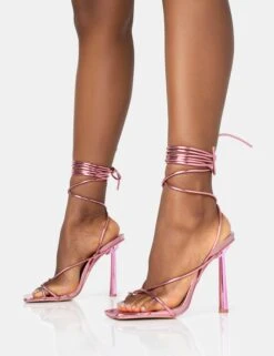 Lacey Pink Metallic Square Toe Strappy Lace Up Stiletto Heels -LoafLuxe Shop 771A1454