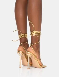 Lacey Gold Metallic Square Toe Strappy Lace Up Stiletto Heels -LoafLuxe Shop 771A1457