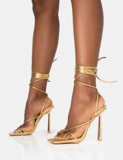 Lacey Gold Metallic Square Toe Strappy Lace Up Stiletto Heels -LoafLuxe Shop 771A1458