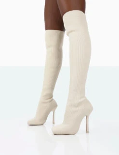 Bubbles White Knitted Wide Fit Square Toe Over The Knee Stiletto Boots -LoafLuxe Shop 771A1518 ccac41fc 34cb 4456 bc5b fff3c0e75277