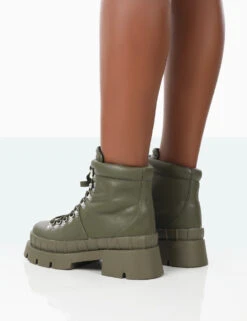 Hike There Khaki Pu Lace Up Chunky Sole Winter Boots -LoafLuxe Shop 771A1554
