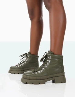 Hike There Khaki Pu Lace Up Chunky Sole Winter Boots -LoafLuxe Shop 771A1555
