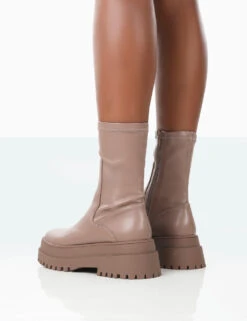 Rusty Mocha Pu Chunky Sole Platform Sock Ankle Boots -LoafLuxe Shop 771A1567