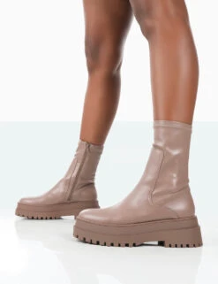 Rusty Mocha Pu Chunky Sole Platform Sock Ankle Boots -LoafLuxe Shop 771A1568