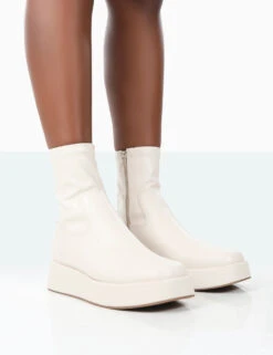 Not Okay Ecru Pu Chunky Sole Platform Sock Ankle Boots