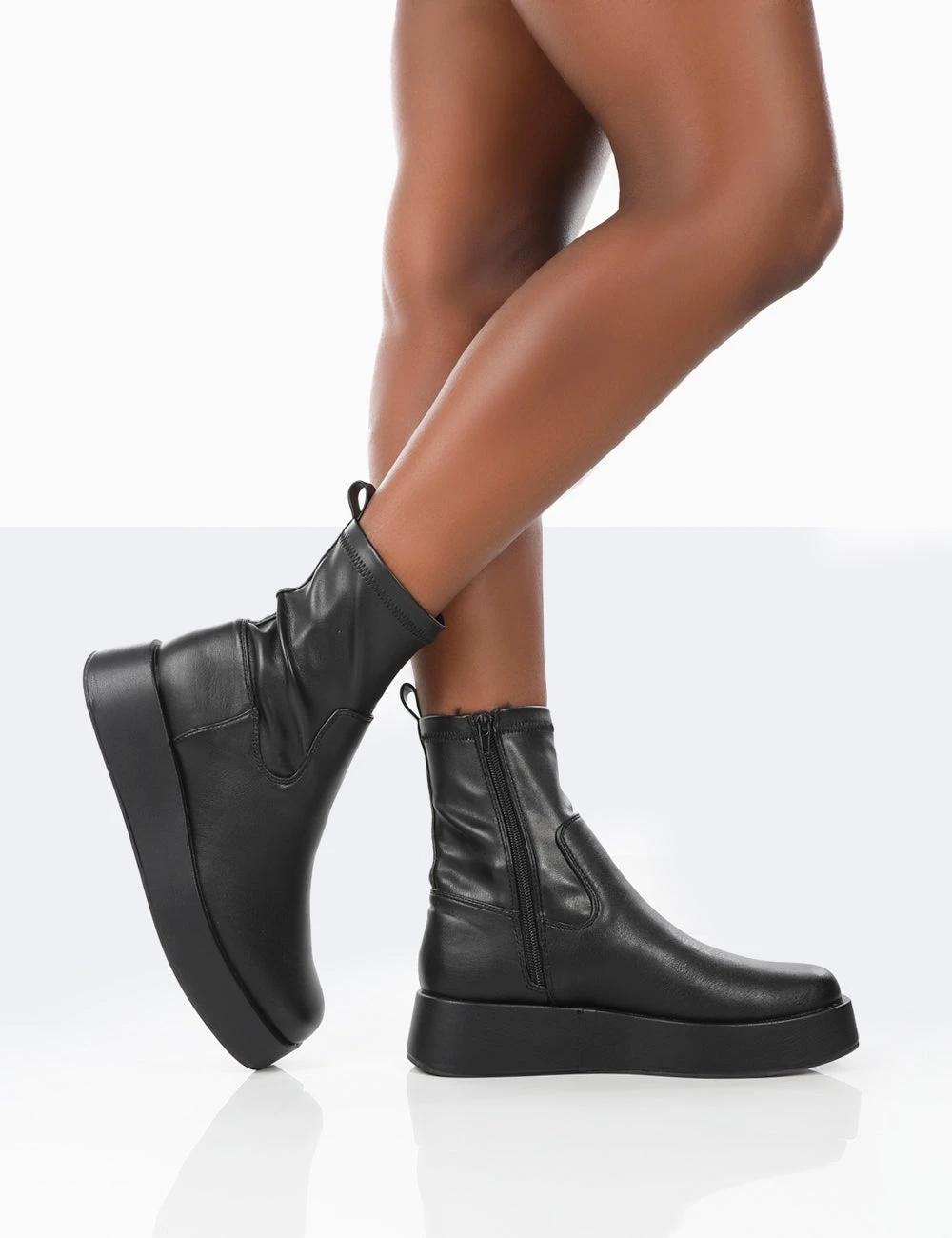 Not Okay Black Pu Chunky Sole Platform Sock Ankle Boots 3 Not Okay Black Pu Chunky Sole Platform Sock Ankle Boots - Image 2