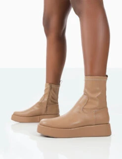 Not Okay Nude Pu Chunky Sole Platform Sock Ankle Boots -LoafLuxe Shop 771A1580