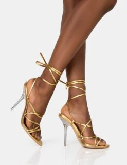 Nobu Gold Lace Up Round Toe Perspex Stiletto Heels -LoafLuxe Shop 771A1602