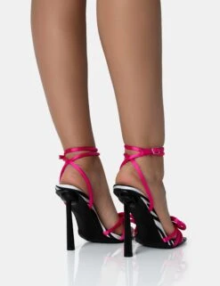 Love Games Zebra Print & Pink Satin Wrap Around Bow Square Toe Sitlleto Heels -LoafLuxe Shop 771A1612