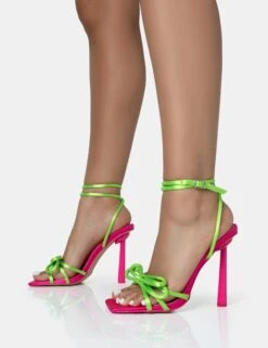 Love Games Pink & Lime Satin Wrap Around Bow Square Toe Sitlleto Heels -LoafLuxe Shop 771A1614