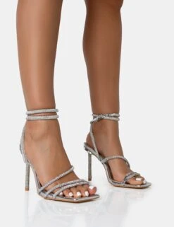 Clueless Silver Strappy Square Toe Diamante Heels