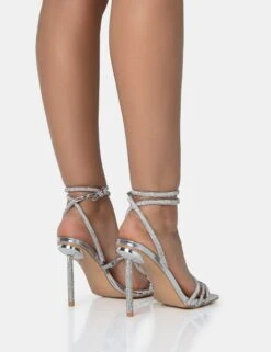 Clueless Silver Strappy Square Toe Diamante Heels -LoafLuxe Shop 771A1632