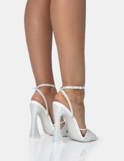 Opulence White Pu Diamante Strappy Square Toe Flared Block Heels -LoafLuxe Shop 771A1651