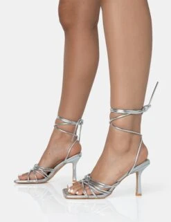 Keri Silver Metallic PU Strappy Lace Up Mid Heels -LoafLuxe Shop 771A1690