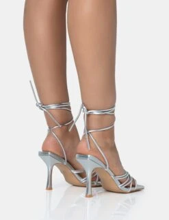 Keri Silver Metallic PU Strappy Lace Up Mid Heels -LoafLuxe Shop 771A1692