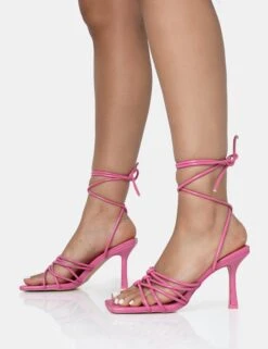 Keri Pink Patent Strappy Lace Up Mid Heels -LoafLuxe Shop 771A1694