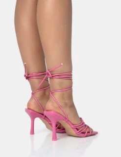 Keri Pink Patent Strappy Lace Up Mid Heels -LoafLuxe Shop 771A1696