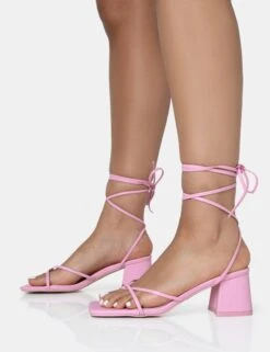 Casey Wide Fit Baby Pink Strappy Lace Up Square Toe Low Block Heel Sandals -LoafLuxe Shop 771A1698